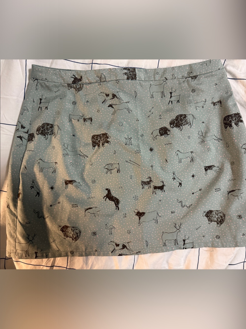 In god we trust cave painting animal print mini skirt size 8